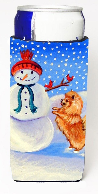 7151MUK Snowman With Pomeranian Winter Snowman Michelob Ultra bottle sleeves For Slim Cans - 12 oz.