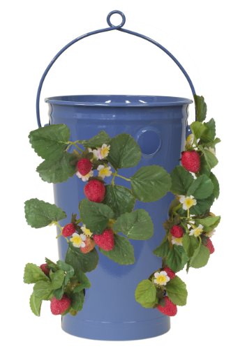 8493E B Enameled Galvanized Strawberry & Flower Planter, Blue