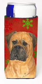 Bullmastiff Red And Green Snowflakes Holiday Christmas Michelob Ultra bottle sleeves For Slim Cans - 12 oz.