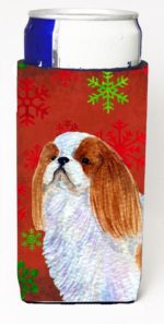 English Toy Spaniel Red And Green Snowflakes Holiday Christmas Michelob Ultra bottle sleeves For Slim Cans - 12 oz.