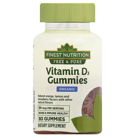Finest Nutrition Free & Pure Vitamin D3 2000I IU Gummy Natural Orange, Lemon, Strawbery Flavors - 80.0 ea