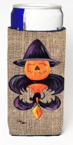 Halloween Pumpkin And Bat Fleur De Lis On Faux Burlap Michelob Ultra bottle sleeves For Slim Cans - 12 oz.