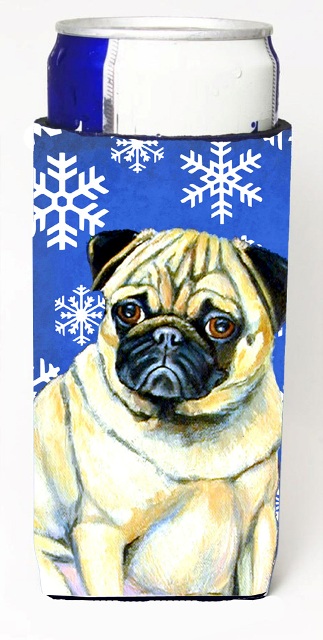 LH9297MUK Pug Winter Snowflakes Holiday Michelob Ultra bottle sleeves For Slim Cans - 12 oz.