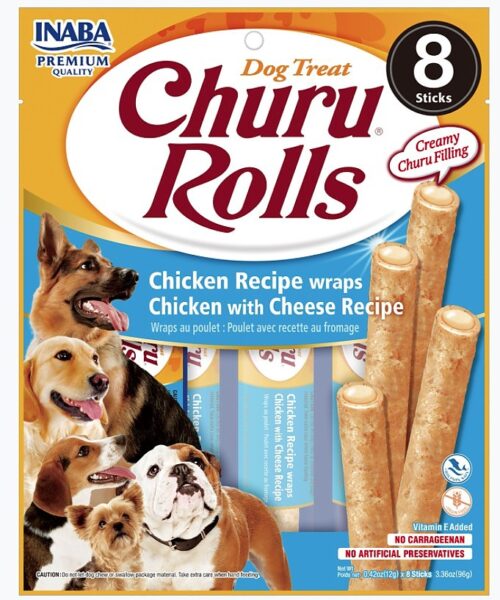 INA71560 Churu Rolls Chicken Recipe Wraps Dog Treat with Cheese Recipe - 8 Count