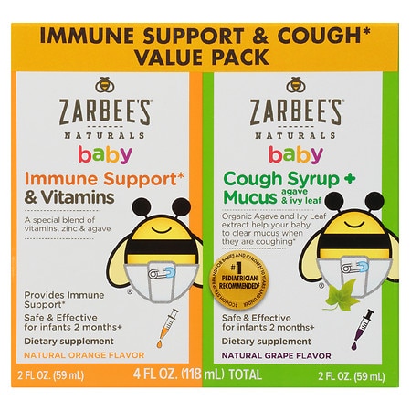 ZarBee's Naturals Baby Immune Support & Vitamins and Cough Syrup + Mucus Grape - 2.0 FL OZ x 2 pack