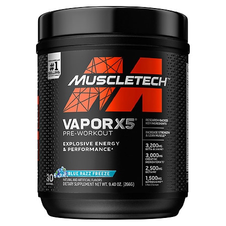 MuscleTech Vapor X5 Next Gen Pre Workout Powder, Explosive Energy Supplement Blue Raspberry, 30 Servings - 9.4 oz