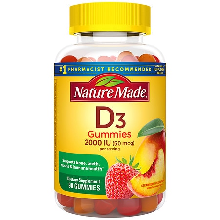 Nature Made Vitamin D3 2000 IU (50 mcg) Gummies Strawberry, Peach & Mango - 90.0 ea
