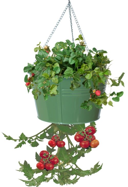 8399E SA Enameled Galvanized Hanging Strawberry, Floral Planter - Sage