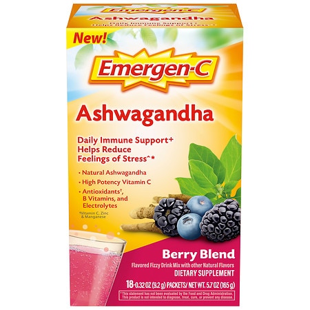 Emergen-C Vitamin C Ashwagandha Dietary Supplement Powder Berry Blend - 0.32 oz x 18 pack