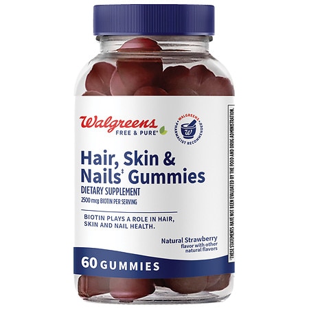 Walgreens Free & Pure Hair, Skin & Nails Gummies Natural Strawberry - 60.0 ea