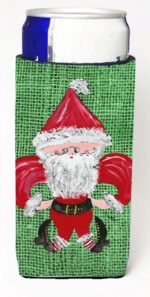 8746MUK Christmas Santa Fleur De Lis On Faux Burlap Michelob Ultra bottle sleeves For Slim Cans - 12 oz.