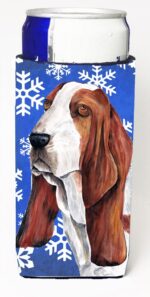 Basset Hound Winter Snowflakes Holiday Michelob Ultra bottle sleeves For Slim Cans - 12 oz.