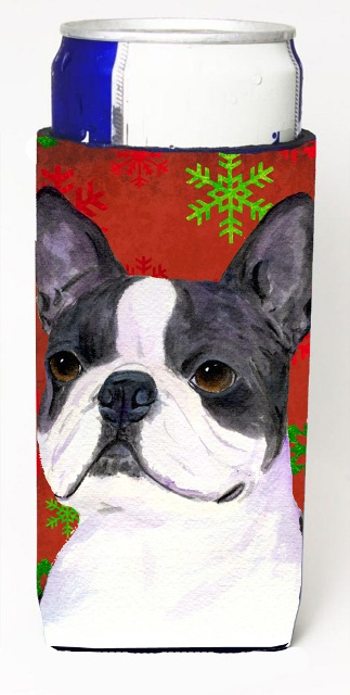 Boston Terrier Red Green Snowflakes Christmas Michelob Ultra bottle sleeves For Slim Cans - 12 oz.