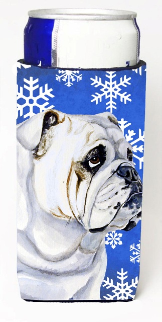LH9274MUK Bulldog English Winter Snowflakes Holiday Michelob Ultra bottle sleeves For Slim Cans - 12 oz.