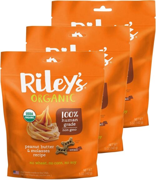 Rileys Organics 192959808896 Peanut Butter & Molasses Small Bone Organic Dog Treats, 5 oz - Pack of 3