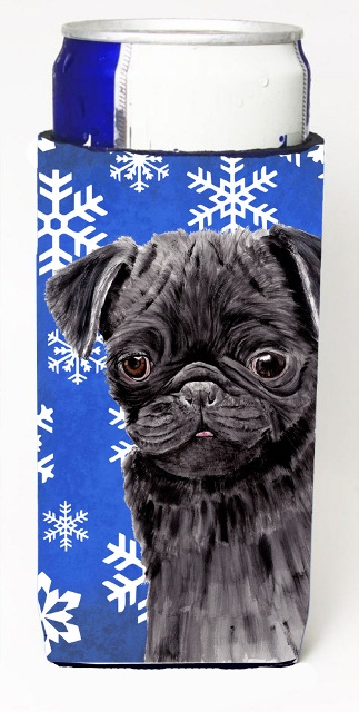 SC9366MUK Pug Winter Snowflakes Holiday Michelob Ultra bottle sleeves For Slim Cans - 12 oz.