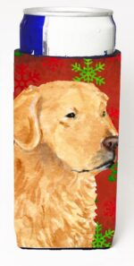 SS4683MUK Golden Retriever Red Green Snowflake Holiday Christmas Michelob Ultra bottle sleeves For Slim Cans - 12 oz.
