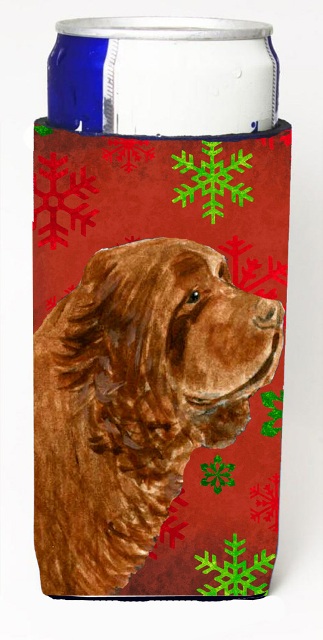 SS4717MUK Sussex Spaniel Red Green Snowflake Holiday Christmas Michelob Ultra bottle sleeves For Slim Cans - 12 oz.